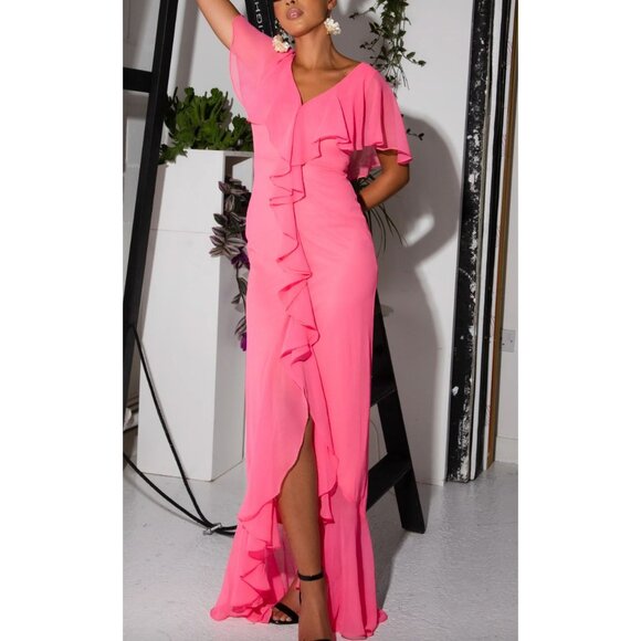 Yaura Isioma Dress in Pink Ruffle Flutter Sleeve Maxi US 8 UK 12 Bridesmaid - Picture 1 of 13